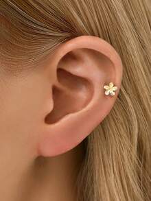 1 pieza Pendiente de flor delicado de color dorado de 16G con diseño de cinco hojas planas | Pendientes apilables | Pendientes de cartílago | Joyería de plata esterlina 925 | Adecuado para uso diario de mujeres | Se vende individualmente (no un par) - Pendientes de flores brillantes de cinco pétalos - Ver 5