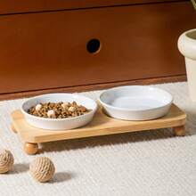 Minimalist Design Slanted Round Plate With Wooden Bowl Stand, Anti-Spill, Ceramic Pet Bowl, Cat Bowl, Dog Bowl, Rimmed Feeding Tray, Ceramic Pet Cat Bowl, Dog Basin, Water Bowl, Elevated Anti-Spill Bowl