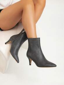 秋冬新款女士百搭保暖性感优雅细高跟尖头踝靴和高跟踝靴，猫跟鞋 - 深灰色 - 查看 5
