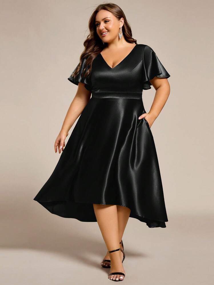 plus size black satin dress EVERPRETTY V-Neck Short Petal Sleeve Dress, Suitable For Bridesmaid, Wedding Guest, Evening Party Leely Women Midi Black