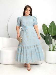 Vestido longo Luxo elegante lese bordado algodão com cinto flor manga curto