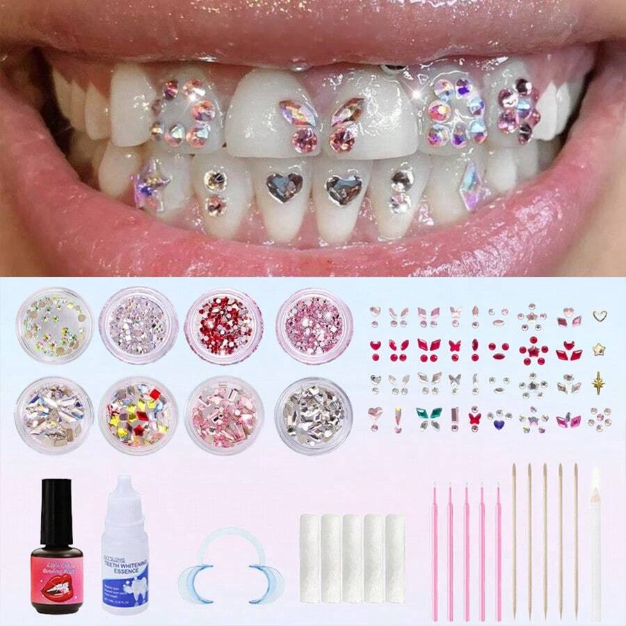 1 套/35 件可爱蝴蝶牙齿首饰套装带盒，Y2K 彩色牙齿装饰时尚配饰，DIY 牙齿首饰入门套件，男女通用（不含胶水） - 彩色 - 查看 1