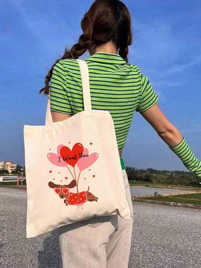 Cute Balloon Dachshund Shoulder Bag, Fashionable Canvas Tote Bag, Handbag, Shopping Bag For Women, Casual Tote Bag For Students, Office Workers, Shopping, Hiking, Gifts