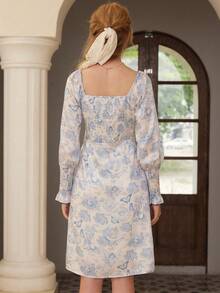 Simple Retro Women's Elegant Vintage Long Sleeve Square Neck Mid-Length Dress, Decorated With Knotted Details And Ruffle Hem - Blue - View 4