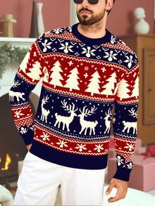 圣诞新款男士毛衣秋冬新款圆领针织毛衣圣诞节必备圣诞秋冬毛衣 - 寶藍色 - 查看 3