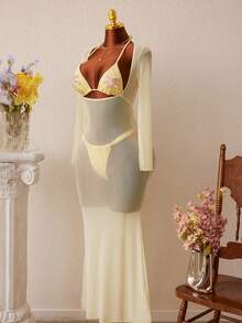 Temptaria 3pcs SS26 New Women's Fashion Bikini Set, Crop Top, Ocean Pearl Decor, Light Yellow, Women's Swimwear Beach Party Outfit Vacation Summer Elegant - Light Yellow - View 8