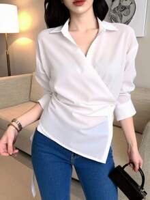 DAZY 女士纯色V领衬衫，白色，春夏秋季长袖女装 - 白色 - 查看 5