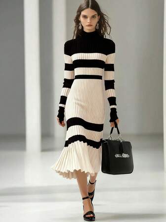 Women's Knitted Striped Turtleneck Long-Sleeved Sweater Dress With Ruffled Hem, Ribbed Knit Details, Medium Stretch, Fashionable, Elegant And Casual Style, Suitable For Daily Wear Autumn And Winter Women's Clothing