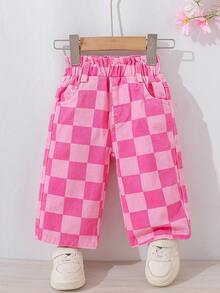Baby Girl Casual Fashion Pink Plaid Print Wide Leg Jeans, Pleated Waist And Elastic - Pink - View 1