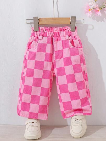 Baby Girl Casual Fashion Pink Plaid Print Wide Leg Jeans, Pleated Waist And Elastic