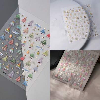 Nuevas calcomanías de uñas navideñas, árbol de Navidad metálico dorado de estilo Ins, calcomanías de arte de uñas 3D en relieve 5D coloridas