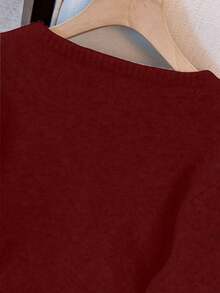1pc Solid Color Front Button Round Neck Casual Loose Minimalist Metal Button Long Sleeve Sweater, Versatile Spring/Winter Tops For Women - Burgundy - View 5