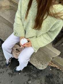 LUBI Women's Spring Autumn Winter Green Crew Neck Short Loose Fit Flare Sleeve Pullover Sweater, Casual Relaxed Everyday Wear Fall - Mint Green - View 4