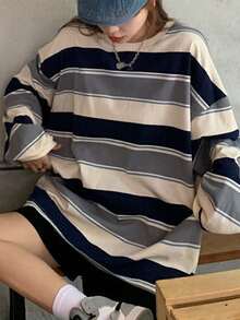Camiseta informal de poliéster acanalado con cuello redondo, hombros caídos y manga larga a rayas para mujer, con elasticidad media, para uso diario. - Azul - Ver 4