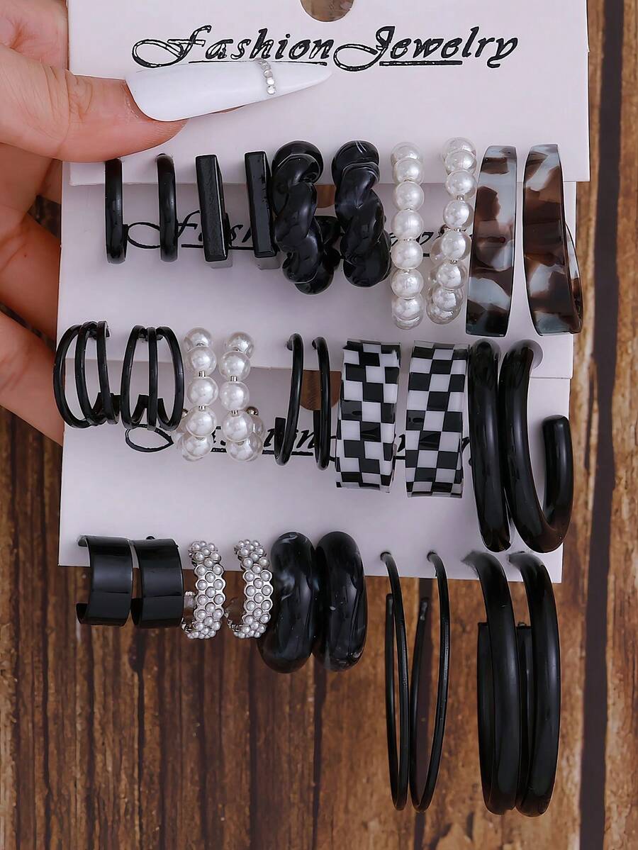 5-15 Pairs Colorful Exaggerated Gold-Plated C-Shaped Beaded Acrylic Resin Earrings, Versatile Set