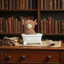 Decoración navideña, adorno de vaca de las tierras altas lindo, diseño de lectura en el inodoro y bañera, decoración popular para el hogar en temporada festiva - Marrón - Ver 14