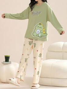 AICJ 2件套女士休闲恐龙印花长袖上衣和裤子家居服套装，春夏秋季居家舒适套装，秋冬服装