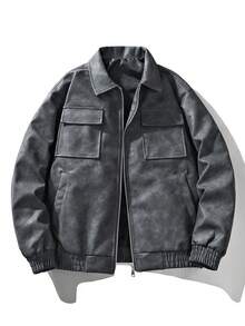 Men's Long Sleeve Loose Fit Motorcycle Leather Jacket, New Autumn/Winter Design - Black - View 11