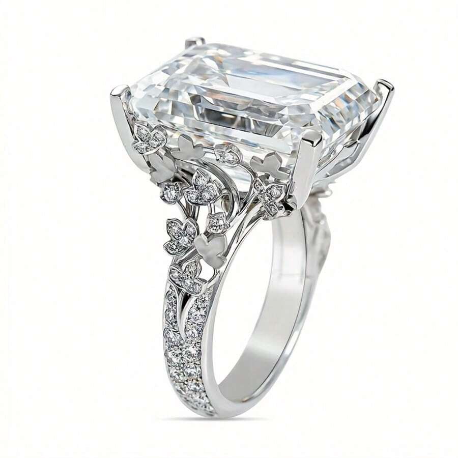 Nhẫn đính hôn sang trọng mạ vàng trắng Zirconia cắt hình công chúa thiết kế hoa rỗng thanh lịch dành cho nữ - Vàng trắng - Xem 1