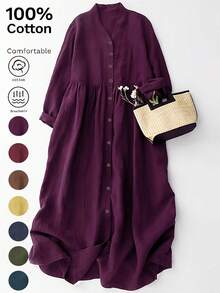 Women's V-Neck Open Front Casual Elegant 3/4 Sleeve Loose Midi Dress, Autumn/Spring