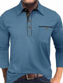 Plus Size Men's 2025 New Fashion Spring & Autumn Long Sleeve Polo Shirt, Casual Button Collar Solid Color Pocket Henley Top