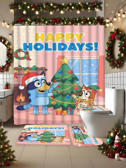 Bluey [Christmas Bluey Bathroom Curtain Shower Set] 1/3/4 Pcs Christmas Tree Fairy Lights Santa Hat Bluey Family And Friends Holiday Pattern Printed Shower Curtain Set, Modern Design Suitable For All Seasons, Waterproof Polyester Hooks And Lining, Flannel Material Soft Surface, Absorbent Anti-Slip Bathroom Mat, Bathroom Set Includes U-Shaped Mat, Toilet Mat, Anti-Slip Bath Mat And Bathroom Accessories, Home Decor, Holiday Decor, Christmas Gift, Daily Decoration, Gift Giving