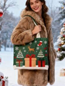 Bolso de lona grande con estampado personalizado para el hombro de mujer, adecuado para Navidad y otoño/invierno