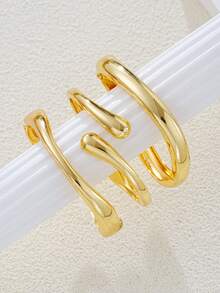 3 件套时尚朋克老钱风格简约金色几何光滑不对称泪珠金属手镯套装，适合女性，厚重光滑金属和锌合金材质