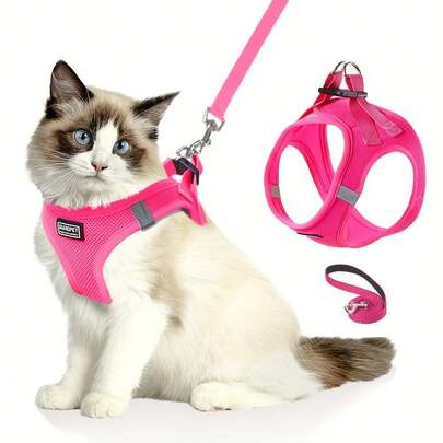 Harness And Leash Set, Suitable Walking, Escape-Proof, Adjustable Soft Vest With Reflective Strips, Suitable Cats, Comfortable Outdoor Vest