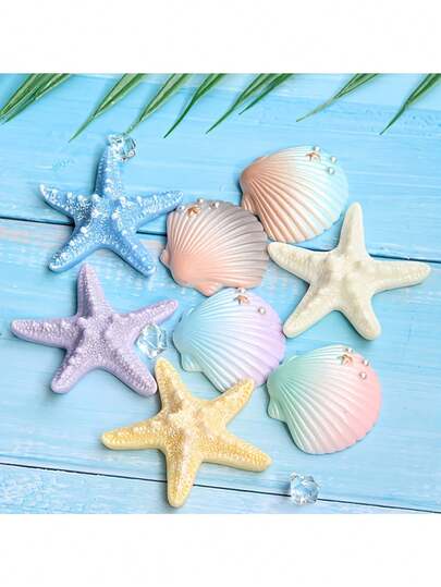 8 件海洋主题树脂小雕像、海星和贝壳模型，适用于水族馆、沿海家居装饰和节日装饰，柔和色调，塑料材质，室内外使用，海洋主题装饰 | 树脂海星 | 塑料贝壳，海洋主题装饰