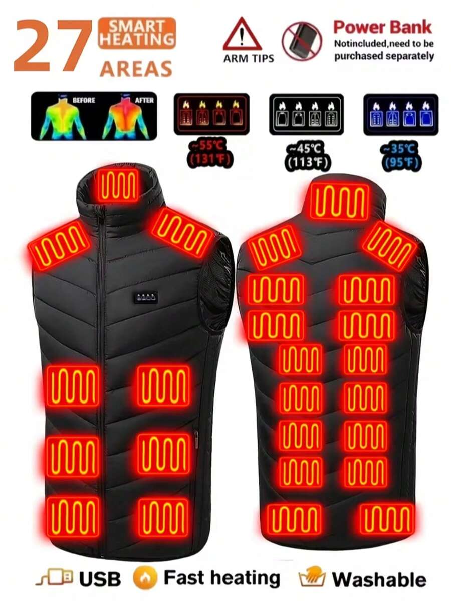Unisex Intelligent Heated Vest, 27 Heating Zones, 3 Temperature Settings, Lightweight Sleeveless Jacket, Suitable For Running, Training, Hiking, Cycling And Daily Winter Wear (Battery Pack Not Included)