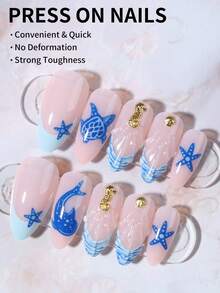 Bộ 24 miếng dán móng tay gel 3D hình hạnh nhân, chủ đề đại dương bao gồm hình rùa, cá ngựa, vỏ sò, cá voi, thiết kế đầu móng kiểu Pháp, chiều dài ngắn vừa vặn hoàn hảo, bộ móng giả acrylic kèm 1 gel dẻo và 1 dũa móng. Móng tay chủ đề đại dương làm cho đầu ngón tay của bạn tỏa sáng rực rỡ, phù hợp cho các bữa tiệc, khiêu vũ và sử dụng hàng ngày. Dụng cụ làm móng - Màu xanh lam - Xem 4