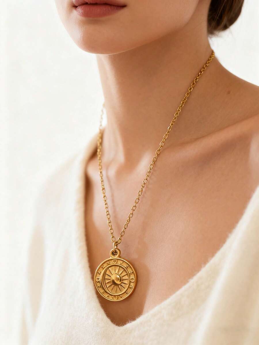 1pc Stainless Steel Minimalist Gold Crescent Moon, Star And Sun Shaped Round Pendant Necklace, Suitable As Gift For Best Friend