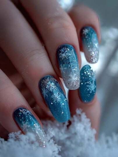 Christmas Nails ,Press On Nails, Snowflakes Gradually Blend The Nails, Fake Nails, Y2k Nails, Long Nails, 24 Pieces Of Nails, Fall Press On Nails, Blue Nails