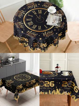1 件黑金新年装饰桌布、黑金新年钟表设计涤纶桌布、新年快乐派对装饰桌布、庆祝 2026 新年装饰桌裙、派对装饰、新年餐桌装饰、厨房餐厅装饰、家居装饰优质耐用桌布、2026 新年礼物、派对礼品
