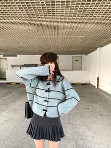 韩版简约撞色条纹蓬松纹理彼得潘领针织开衫 - 藍色 - 查看 4