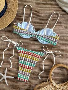 Women's Colorful Textured Fabric Bikini Set, With Patterned Lining Top And Tie-Up Bottom, Suitable For Summer Beach Vacation - Multicolor - View 3