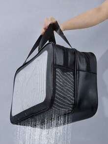 1 pièce Sac de toilette noir en PU à séparation sèche et humide, transparent et imperméable, à double couche, grande capacité, multifonction, sac de rangement pour le maquillage, sac de sport et de natation portable pour hommes et femmes