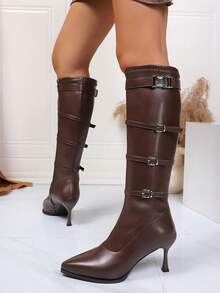 Women's Fashion Over-The-Knee Boots, 2025 Autumn/Winter New Pointed Toe Leather Solid Color Buckle Side Zipper Stiletto Elastic Thigh High Boots, Versatile For Commuting And Daily Wear, Brown, Plus Size - Brown - View 5