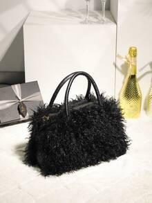 2025新款仿羊羔绒手提包，Y2K毛绒单肩包，复古时尚腋下包，秋冬季百搭女包 - 黑色 - 查看 2