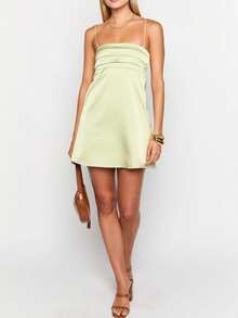 Women Satin Homecoming Dress Spaghetti Strap Mini Prom Dress For Teens Square Neck Pleated Short Party Dresses - Green - View 4