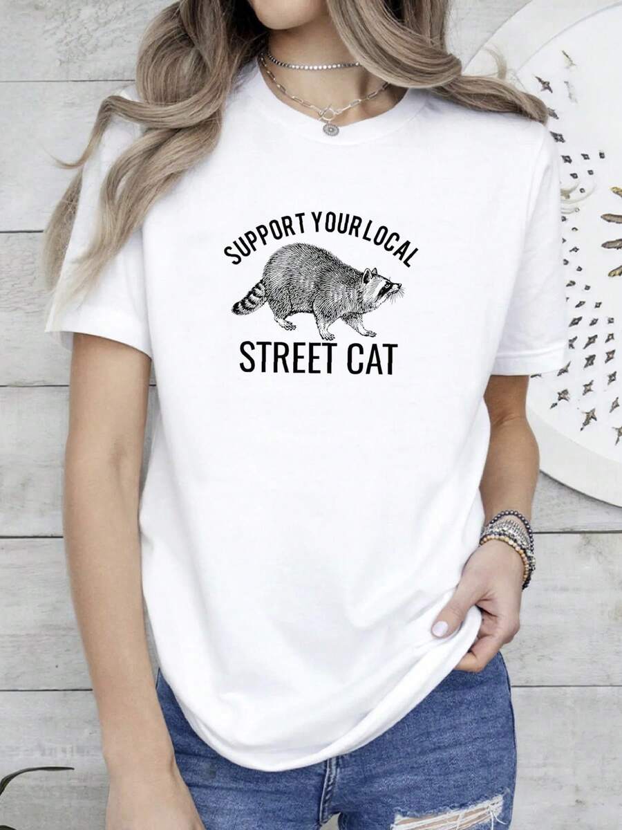 180g pure Cotton Support Your Street Cats Raccoon Retro Film Gamer Cult Meme Movie Music Cool Gift Tee T Shirt C7257 Comfortable fashion graphic Soft women Print Round Neck Short Sleeve Summer Top For Everyday Wear streetwear Casual Stylish Slightly female Versatile - Blanco - Ver 1