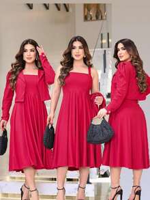 Midi Flared Dress + Blazer Set Elegant Executive Evangelical Fashion - Đỏ - Xem 7