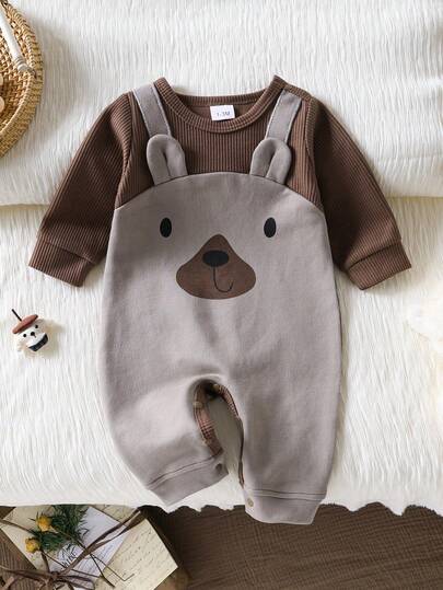 1件新生儿可爱小熊连体衣，长袖背带设计，舒适日常穿着