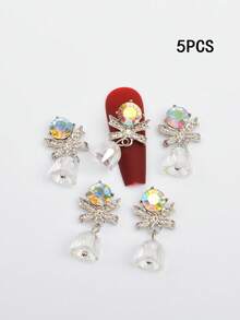 5/12 Peças, Enfeites de Sino de Luxo de Natal, Mistura de Várias Cores, Enfeites de Sino e Laço de Unha 3D Penduráveis, Enfeites de Unha Laço e Sino, Adequado para Manicure de Natal de Meninas - Multicolorido - Visão 6