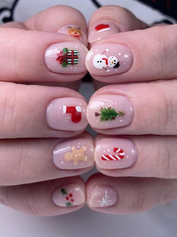 24pcs Christmas Nails Short Square Nude Christmas Tree, Snowman, Gingerbread Man, Christmas Stocking, Gloves, Walking Stick Patterns, Fully Covered Press False Nails, Suitable For Ladies' Holiday Party Nail Art Decoration