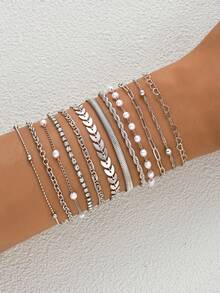 12pcs Set Minimalist Heart Faux Pearl Rhinestone Snake Chain Bracelet Set, Suitable For Dates, Vacations, Gifts, Daily Matching, Party Outfits, Suitable For Girlfriend, Friends