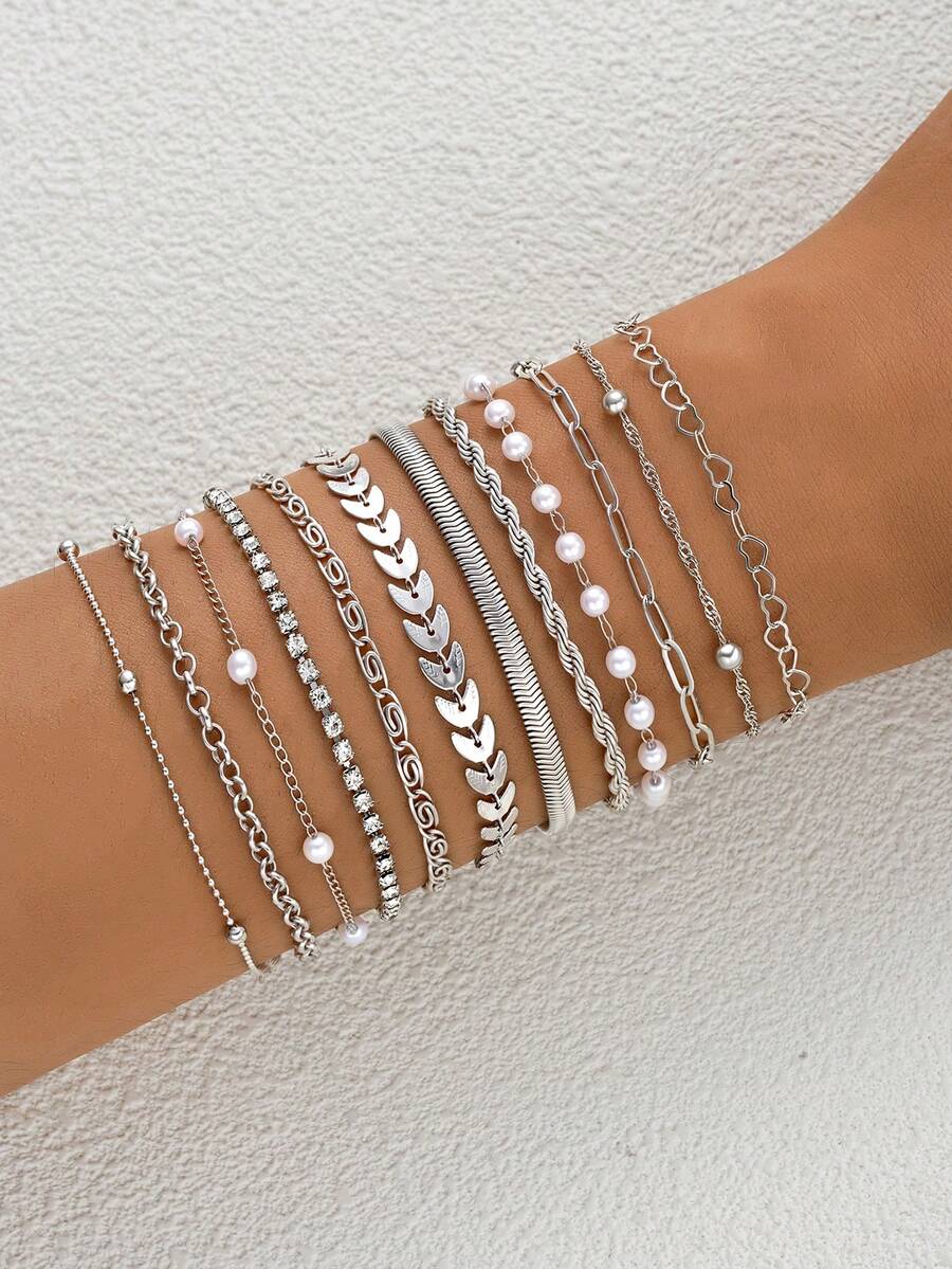 12pcs Set Minimalist Heart Faux Pearl Rhinestone Snake Chain Bracelet Set, Suitable For Dates, Vacations, Gifts, Daily Matching, Party Outfits, Suitable For Girlfriend, Friends