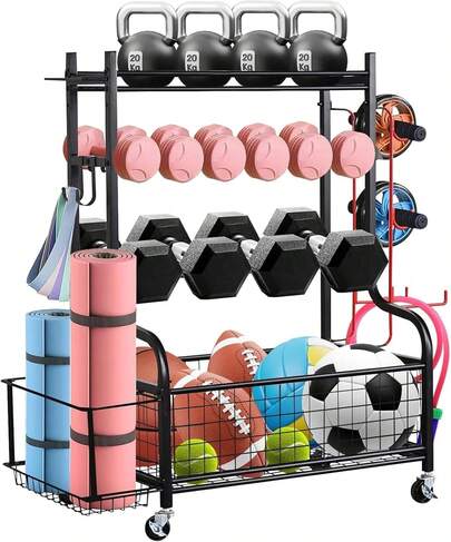 Estante de Pesas para Gimnasio en Casa, Organizador de Cochera para Equipos Deportivos, Organizador de Almacenamiento de Equipos de Entrenamiento con Ganchos y Ruedas.