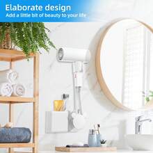 1 pezzo Supporto per asciugacapelli montato a parete senza foratura con organizer - Elegante rastrelliera in plastica bianca per accessori da bagno, perfetta per asciugacapelli, pettini, rasoi e mensole per il trucco, rastrelliera portaoggetti da bagno